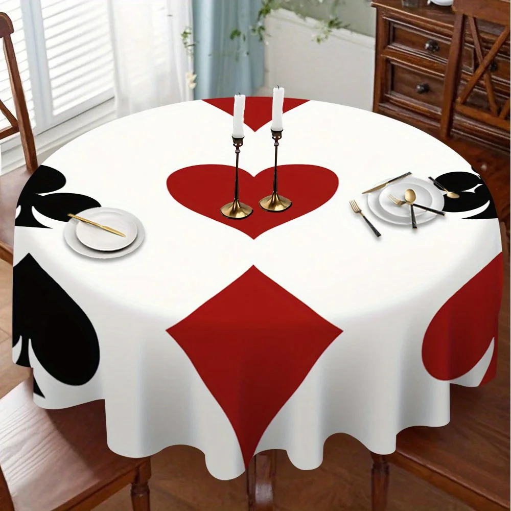 A design of a circular tablecloth featuring poker card symbols, adding a touch of simplicity to the dining table.zyc