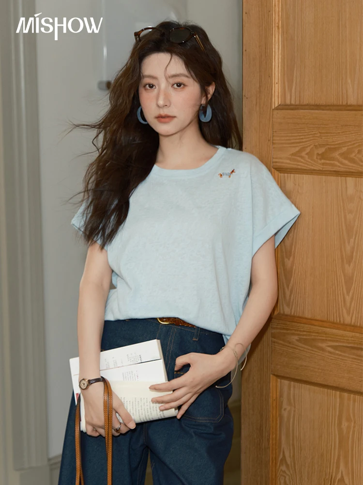

MISHOW Round Neck T-shirt for Women 2025 Summer New Fashion Backless Tee Dog Embroidery Loose Top Female Clothing MXE39T0696