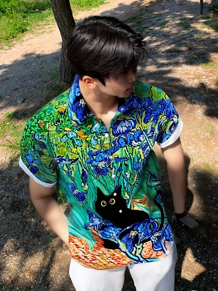 

Мужская рубашка с коротким рукавом, японская художественная винтажная туника с принтом «Кошка и волна», 2026, летняя рубашка с воротником-стойкой и пуговицами, шикарный топ в стиле Харадзюку, мужской
