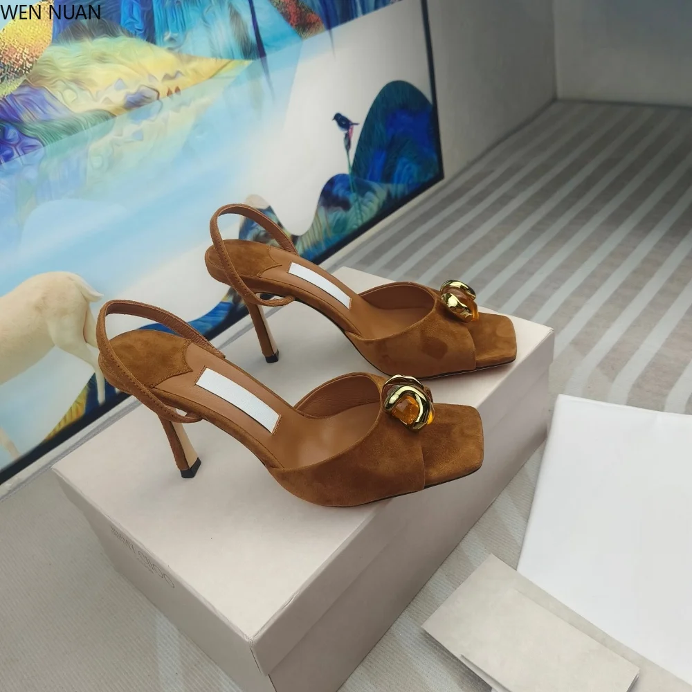 2026 Summer New Style Suede Gemstone Metallic Button Low Heel Sandals Square Toe Slip-On Sexy Versatile High Heels