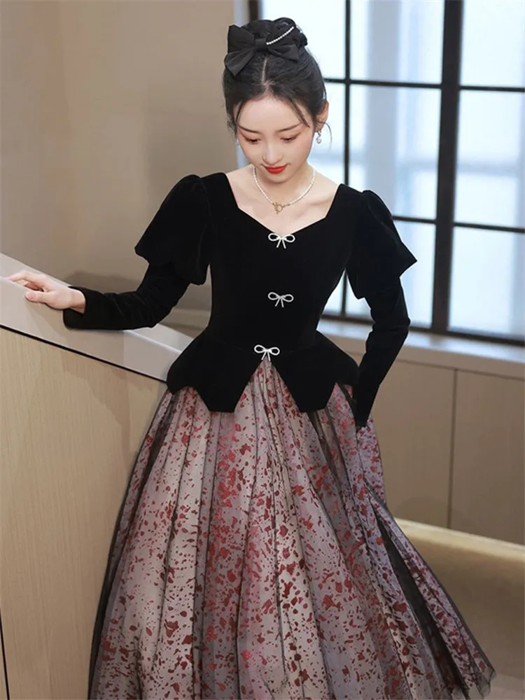 Black Dress for Women Autumn Winter New Patchwork V-neck Bow Lace Long Sleeve A-line Skirt Temperament Female Clothing M162