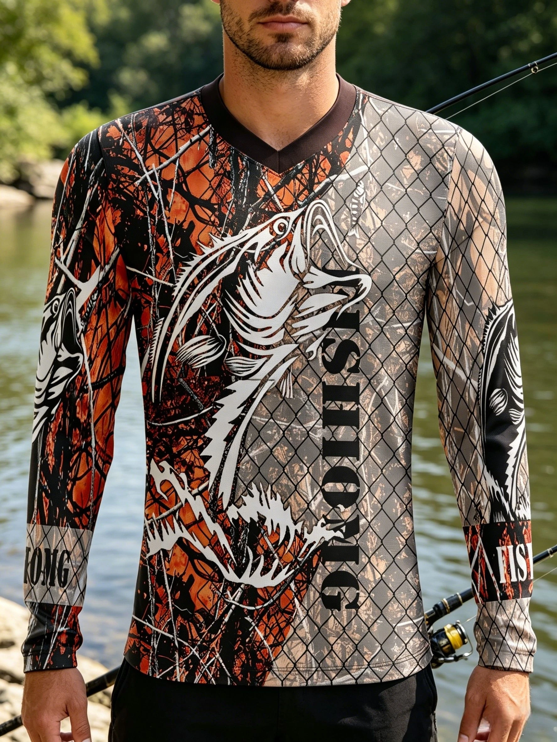 Carp Fishing Reed Camouflage Long Sleeve V Neck Jersey Family Matching Angler Outdoor Nature Printed Casual Daily Wear Top