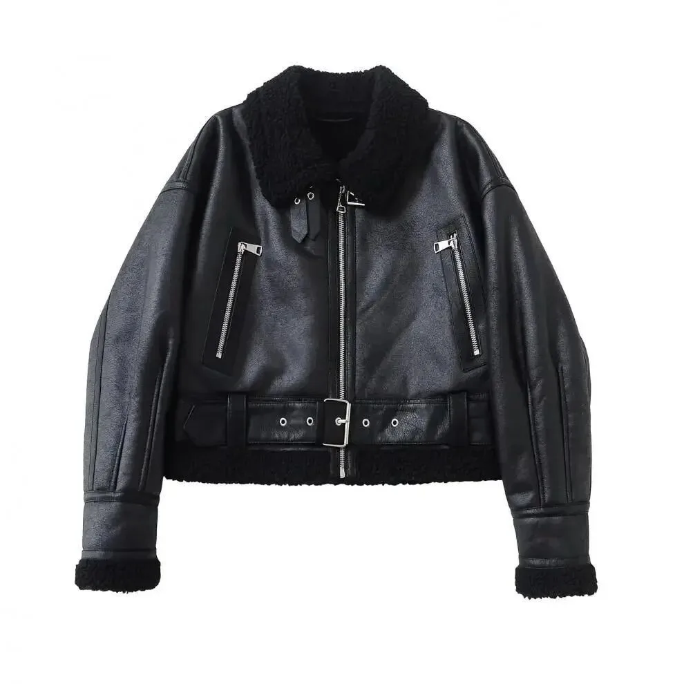 

Winter Women Streetwear Faux Lamb Leather Fur Short Chic Jacket with Belt Moto Biker Thick Warm Sheepskin Coat Outwear