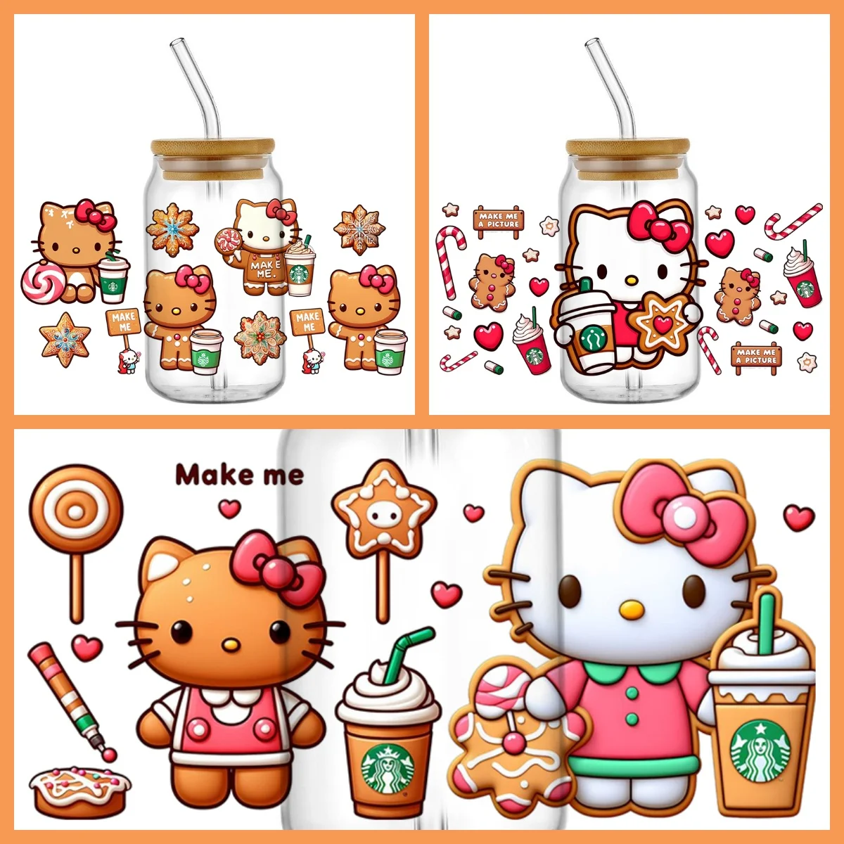 

Kawaii Пряники Hello Kitty 3D наклейка УФ DTF чашка обертывания для 16 унций водонепроницаемая переводная наклейка очки DIY кружка мультяшная наклейка