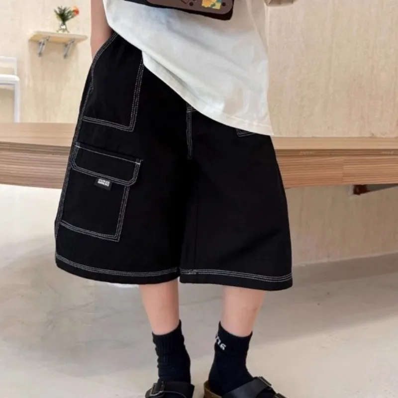 Boys Summer Cargo Shorts Loose Fit Casual Cotton Mid-Length Contrast Stitching Fashion Kids Wear