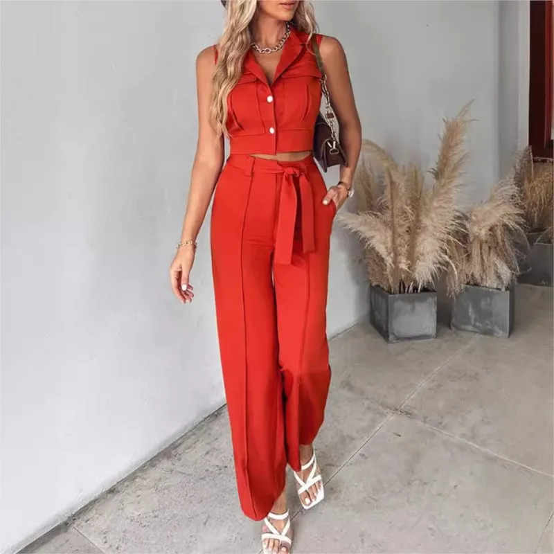 

Casual Crop Top Trousers Sets Women Sleevless Lapel V Neck Vest High Waist Pants Set Lace Up Belt 2 Pcs Lady Formal Outfit
