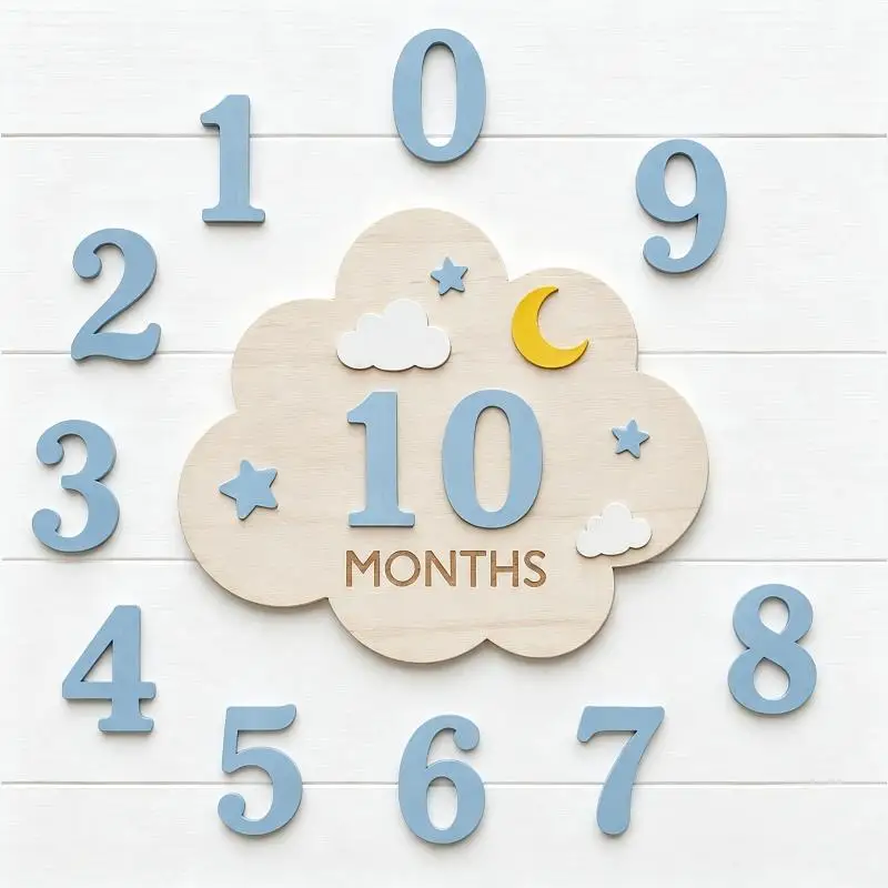 Cloud Shape Wooden Baby Monthly Milestone Marker Set Non Toxic Number Pieces for Newborn Growth Tracking Photo Prop
