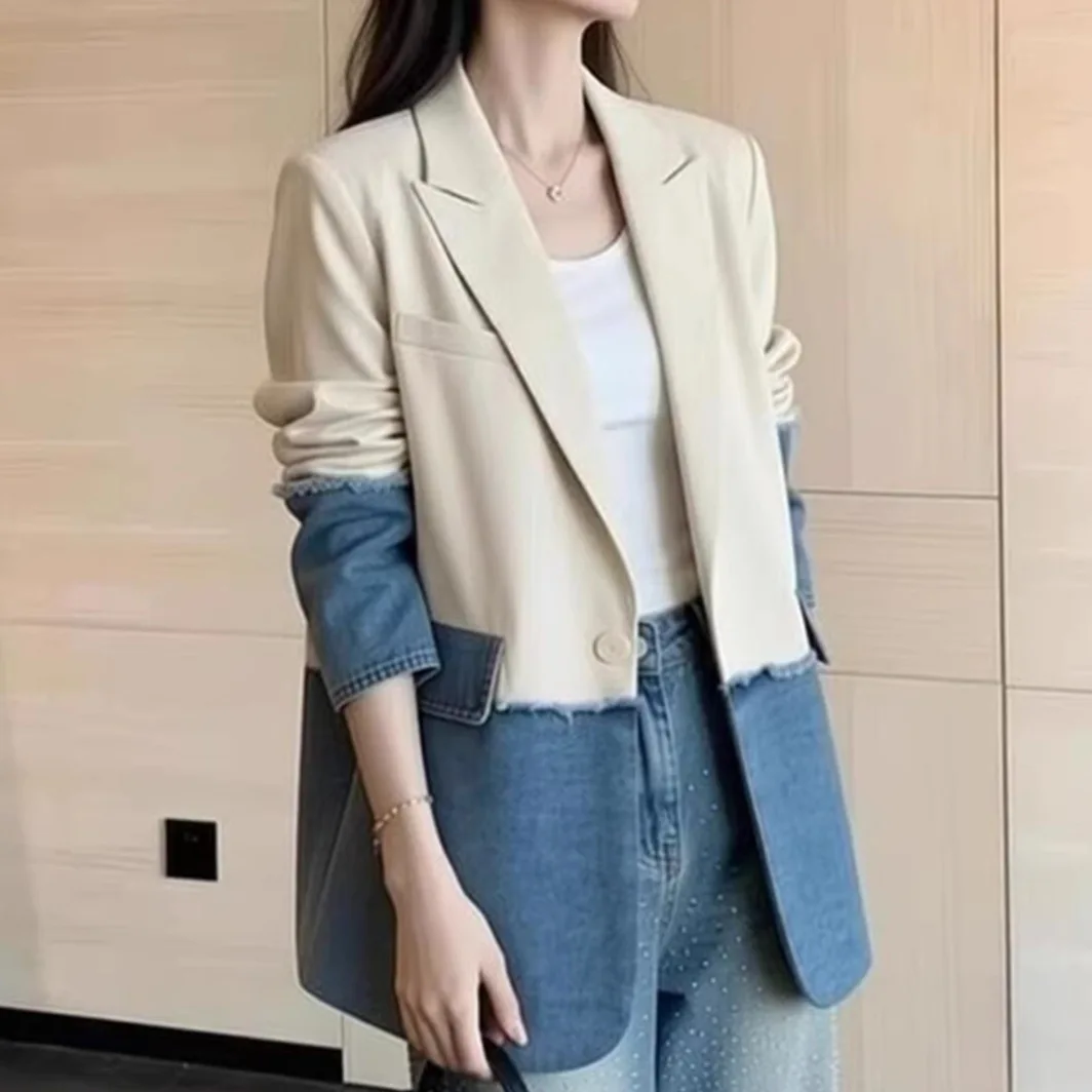 

SuperAen Fashion Loose Denim Patchwork Suits for Women Spring New Korean Style Elegant Oversize Blazer
