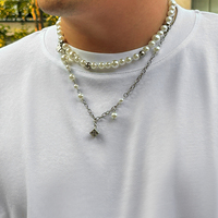 Salircon Steampunk Metal Dice Pendant Short Necklace Men's Gothic Imitation Pearl Chain Clavicle Necklace Aesthetic Neck Jewelry