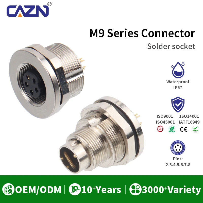 M9 Solder Socket Male Female Panel Mount Front Back 2-8 Pin IP67 IP68 Waterproof for Industrial Automation & Robotics