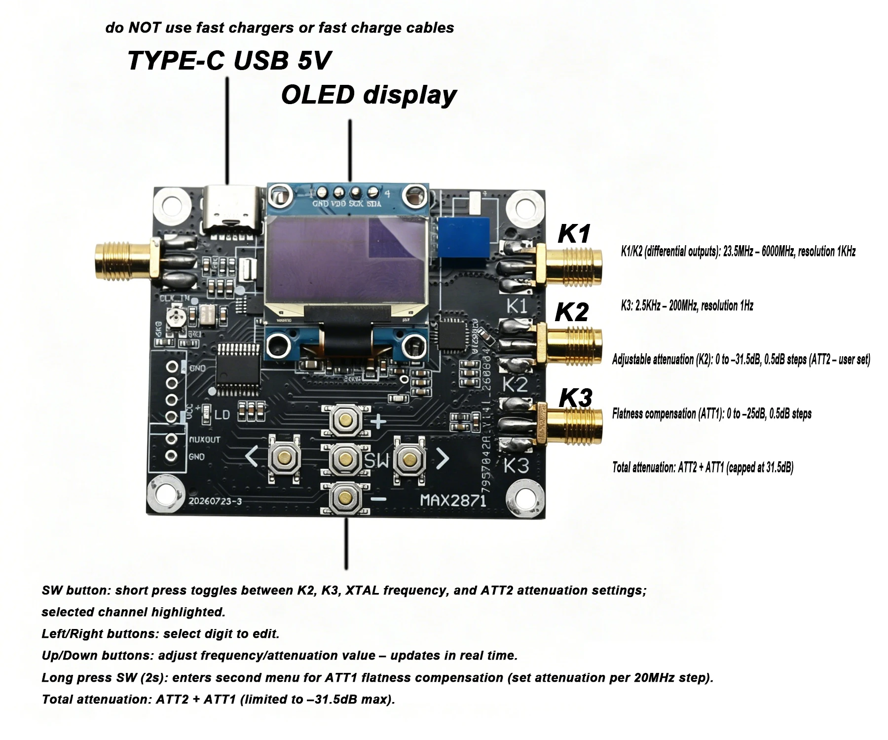 2.5K–6GHz RF Signal Generator MAX2871 Sine Wave+SI5351 Square Wave Clock Source Digital Attenuator Ham Radio Amplifier Debugging