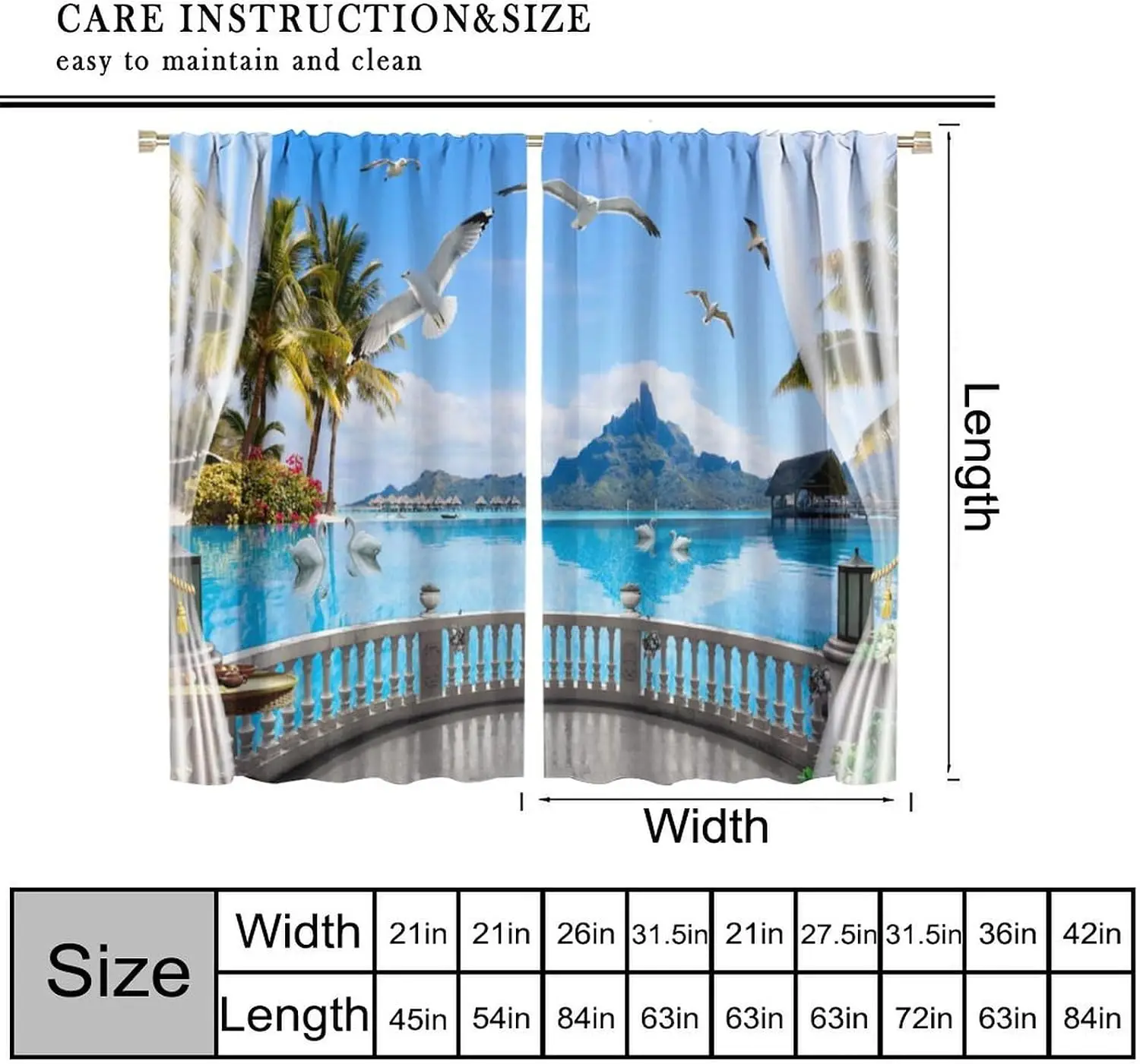 Tropical Balcony Ocean Landscape Curtains,Palm Seagull Swan Overwater Hut Mountain Blue Sea Print Drapes for Living Room Balcony
