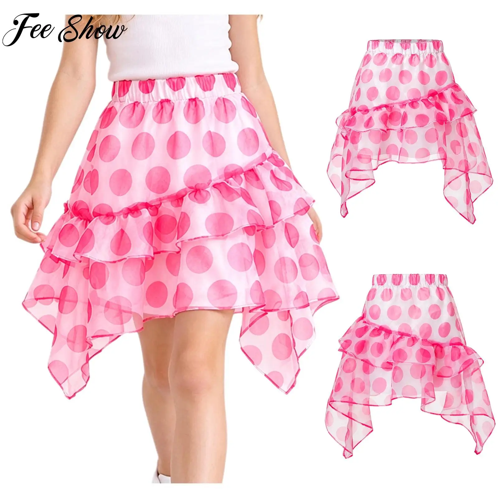 Kids Girls Polka Dot Skirts High Waist Elastic Waistband Irregular Tulle Ruffled Skirts for Casual Daily Life Family Gathering