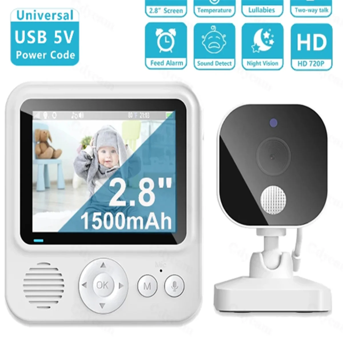 RIRI 2.8inch LCD Video Baby Monitor 2.4G Wireless Security Baby Camera 2-Way Talk Night Vision Temperature Baby Cry Alarm