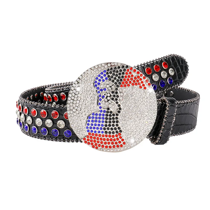 Western Colourful Rhinestone Round Buckle Crystal PU Leather Women Belt Punk Hiphop Belt for Ladies