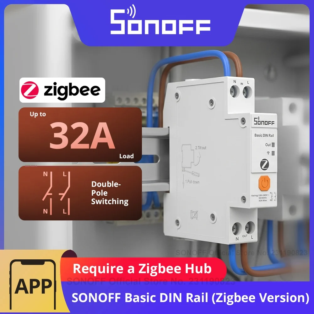 SONOFF BASIC-ZB1GSP Basic DIN Rail Zigbee Smart Switch 32A High-Power Double-Pole Switching Energy Tracking Overload Protection