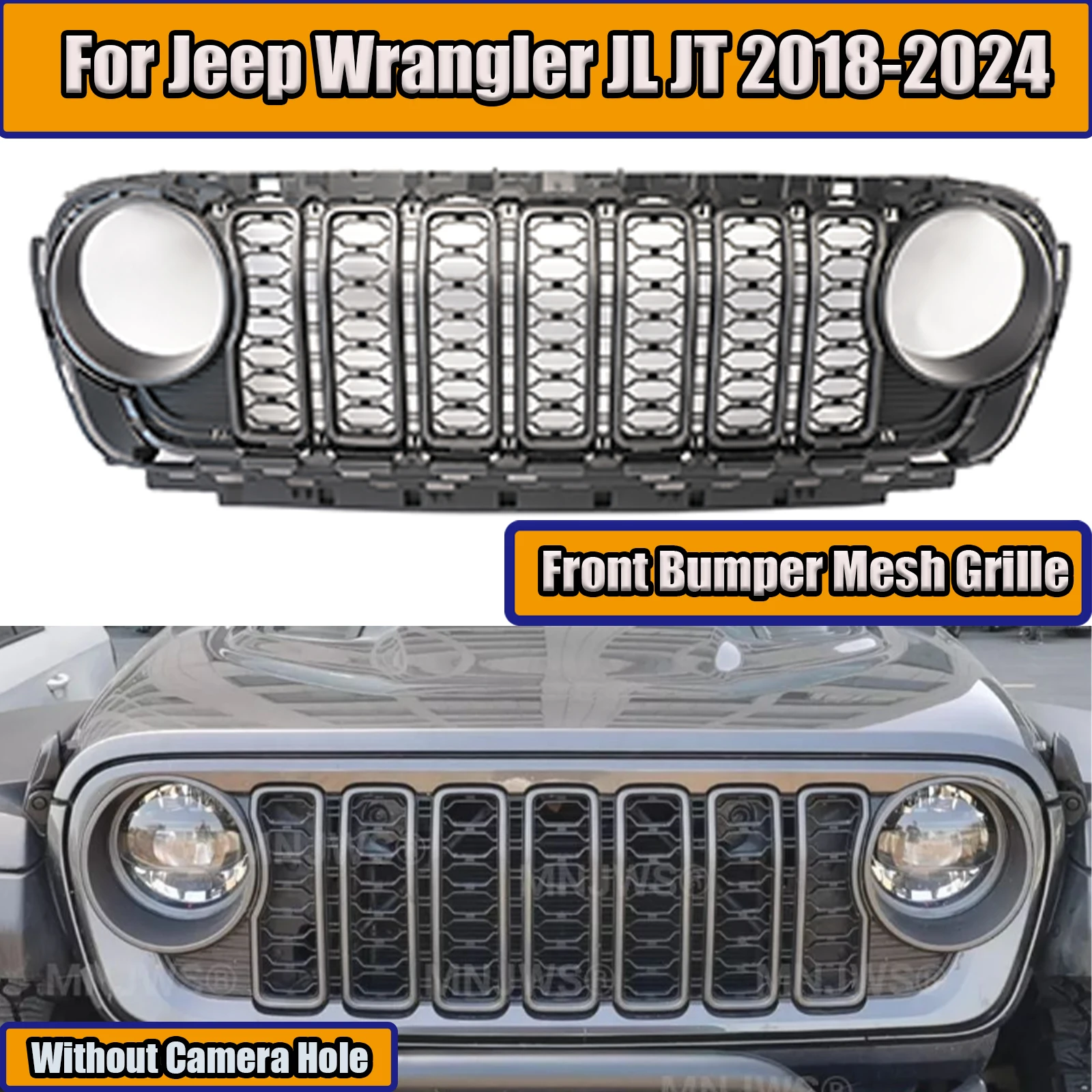 Front Bumper Mesh Grille Car For Jeep Wrangler JL JT 2018 -2024  Without Camera Hole Silver  Matte Black