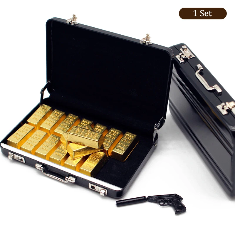 1Set Dollhouse Miniature Aluminum Alloy Suitcase Gold Bar Weapon Shooting Toys Model Password Cash Money Box Model Kids Toy