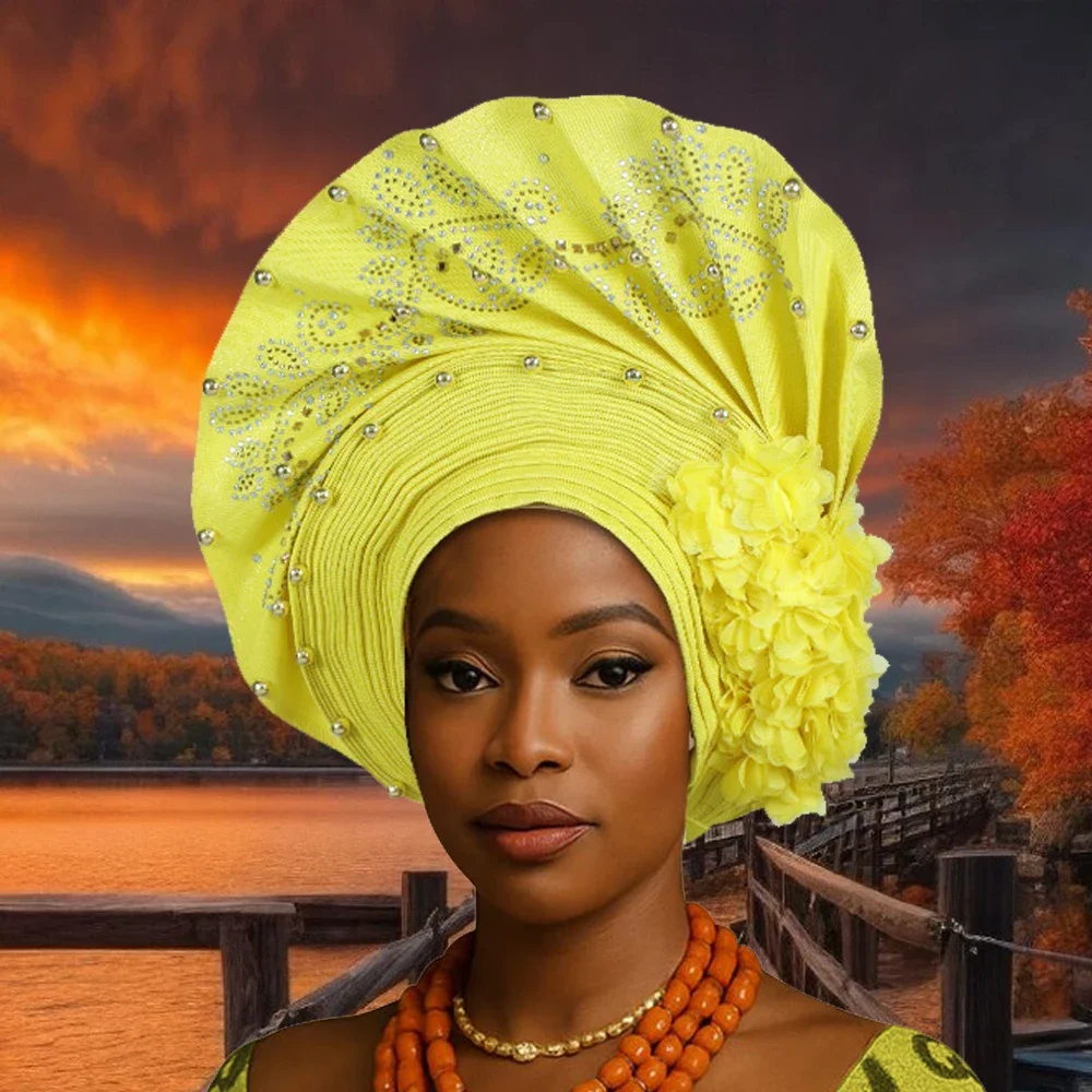 

Готовая тюрбанная кепка для женщин, хиджаб, шляпа, капот, нигерийская повязка на голову, свадебный головной платок для вечеринки, африканские головные уборы Auto Gele