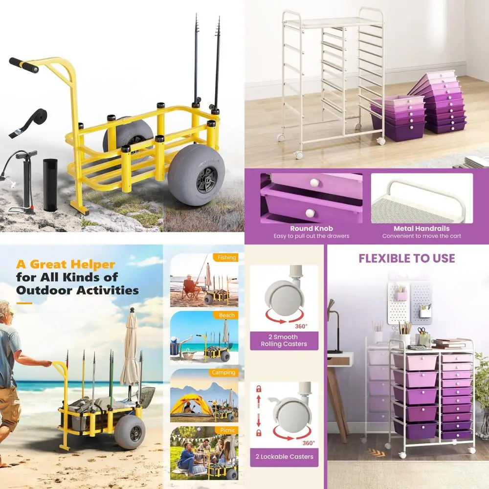 Carro de pesca Bonnlo, carro de playa con 13 ruedas grandes para arena, carrito de playa, capacidad de carga de 300 libras, 8 soportes para cañas de pescar, malla Ba