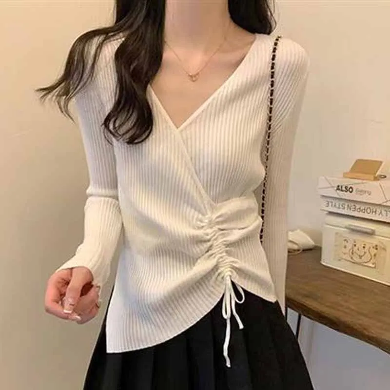 Knitted Sweater Women Pullovers New Solid Long Sleeve V-Neck Drawstring Knit Sweater Pullover Women Tops Sueters De Mujer Q6643