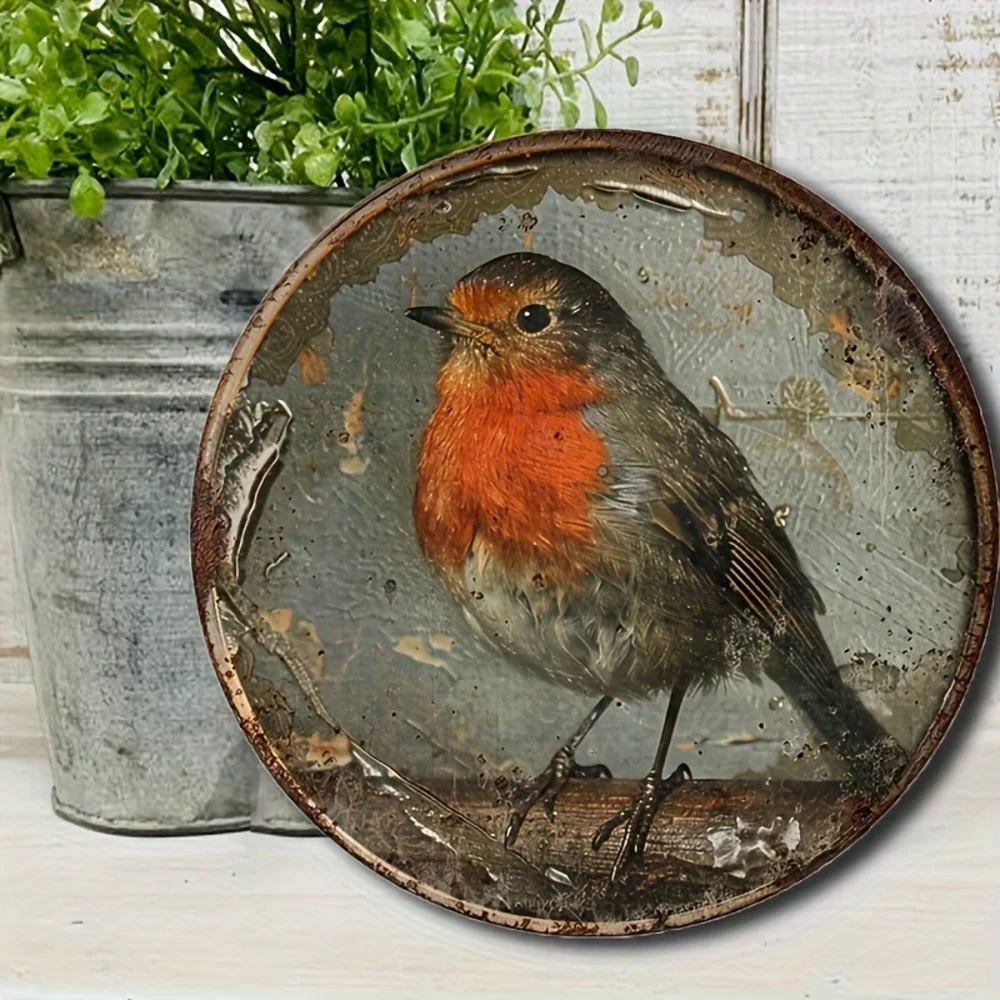 Vintage Robin Wall Decorative Logo-Manufactured Wood 8-inch Round Plate, Bird Theme, Multi-Purpose Wall Hanging, Suitable