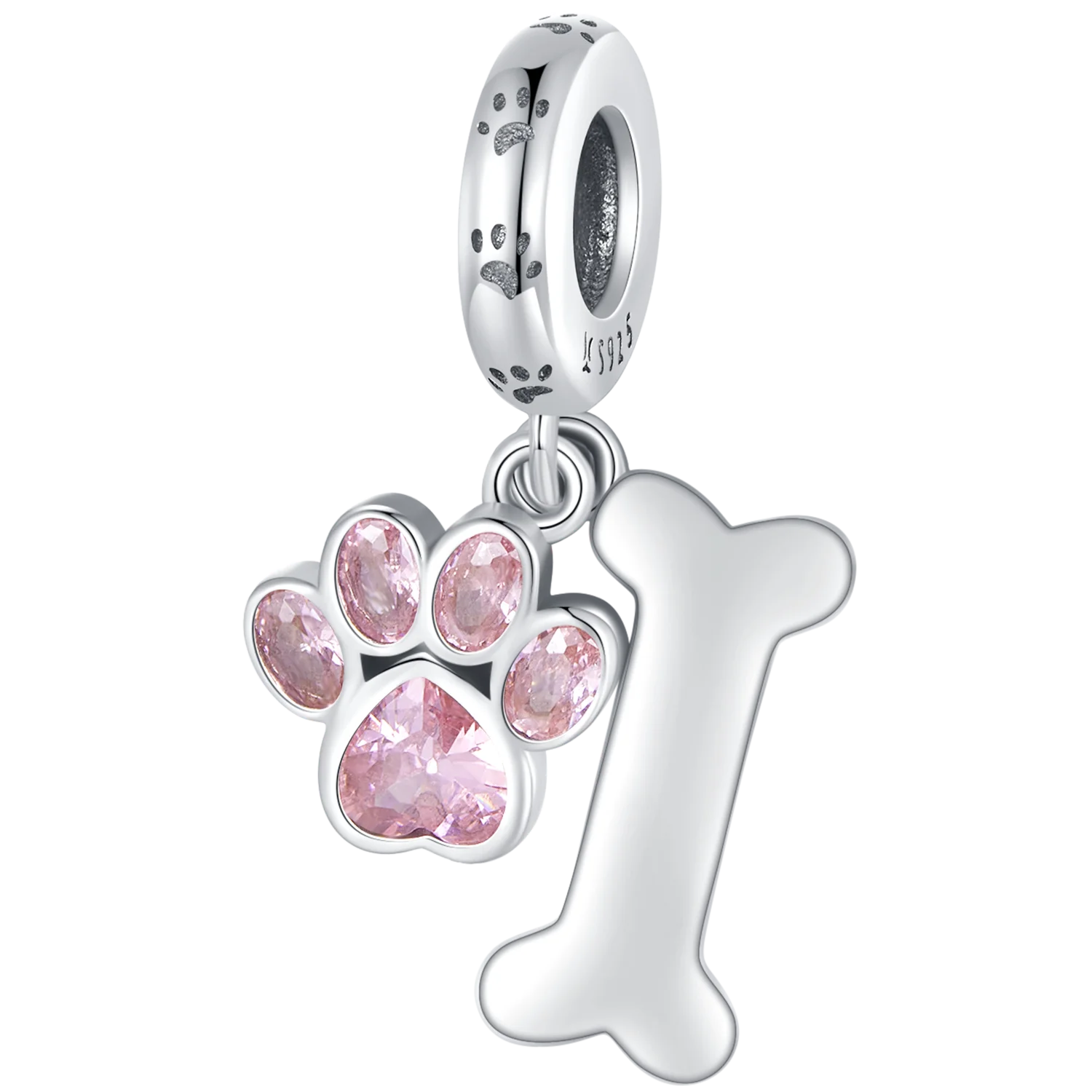 WOSTU Anhänger aus 925er-Sterlingsilber, rosa Zirkon, Hundepfoten-Anhänger, Katzenknochen, Tier-Charm, passend für Original-Armbänder, Armreifen und Halsketten, Schmuck, Geschenk