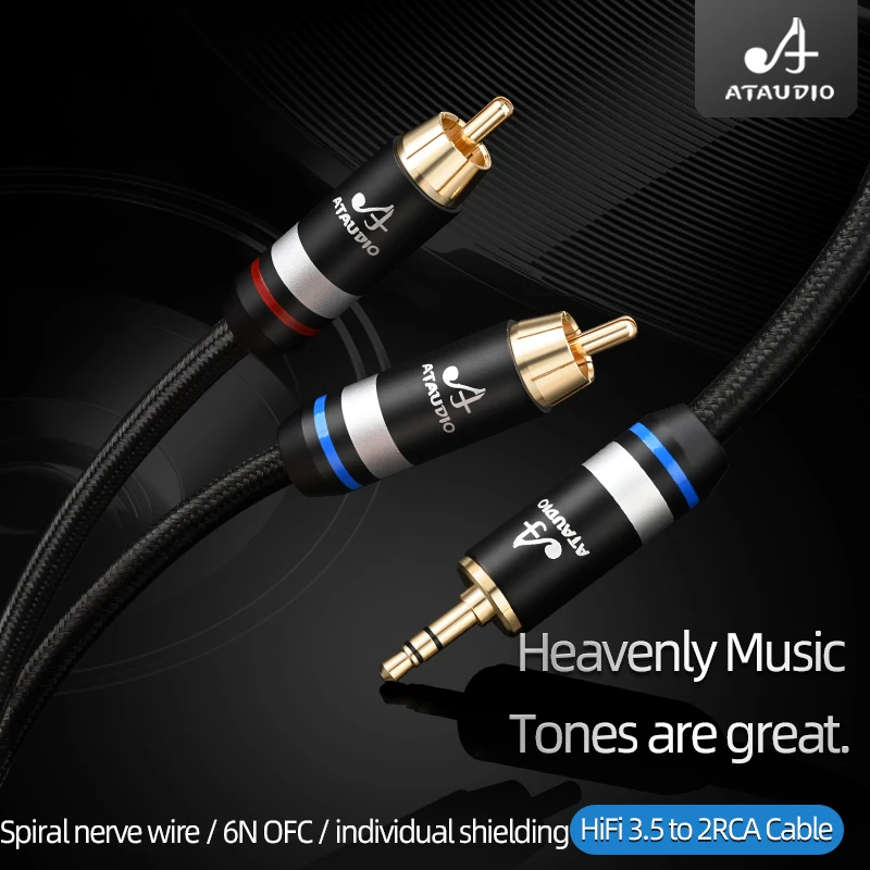 

ATAUDIO HiFi 3.5mm to 2RCA Cable 6N OFC Spiral Nerve Wire Individual Shielding Stereo 3.5 Jack to 2RCA Male for Amplifier Laptop