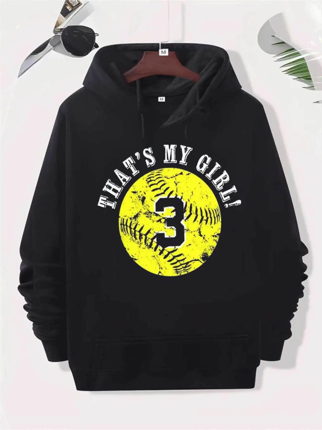 Men That's My Girl Number 3 Softball Front Print Hoodie, Vintage Distressed Softball Graphic Drawstring Kangaroo Pocket Pullover Sweatshirt Sports Fan Hooded Tops