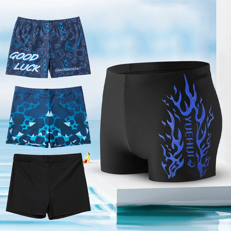 

Men's printed long swim trunks for sports, fashion swimwear, three-point design, breathable fabric