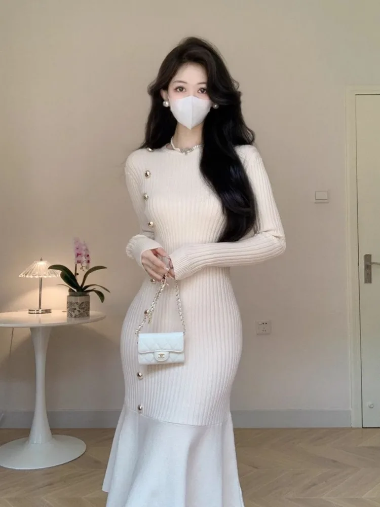 

Luxury Chic French Knit Dress Women High Waist Fishtail Dresses Autumn Winter Long Sleeve Bodycon Dress Long Sleeve Buttons New