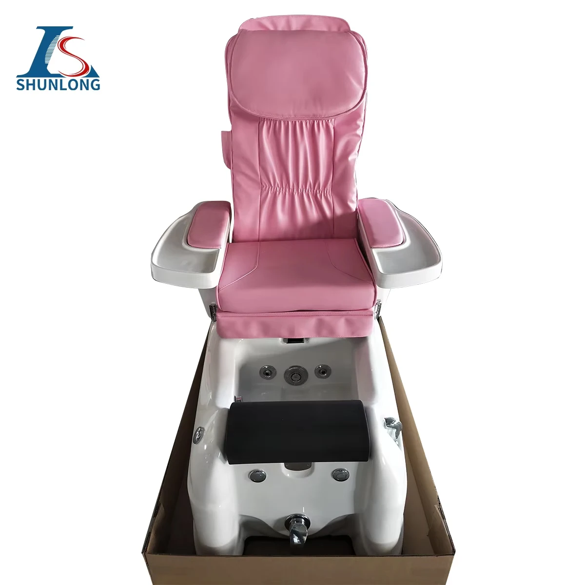 Pink PU Pedicure Spa Chair with White Fiberglass Foot Tub, Electric Reclining Foot Massage Chair, Nail Salon Beauty Furniture wi