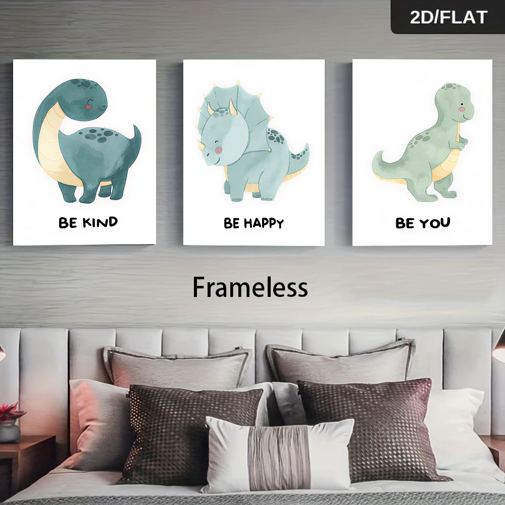 3PCS Frameless,1 set of dinosaur-themed triptych frameless paintings, cute decorative paintings, 2D flat design.