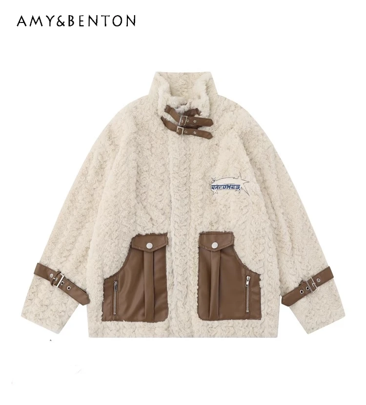 

Autumn Winter New American Retro Style Thickened Lamb Wool Jacket Motorcycle Style PU Leather Patchwork Stand Collar Warm Jacket