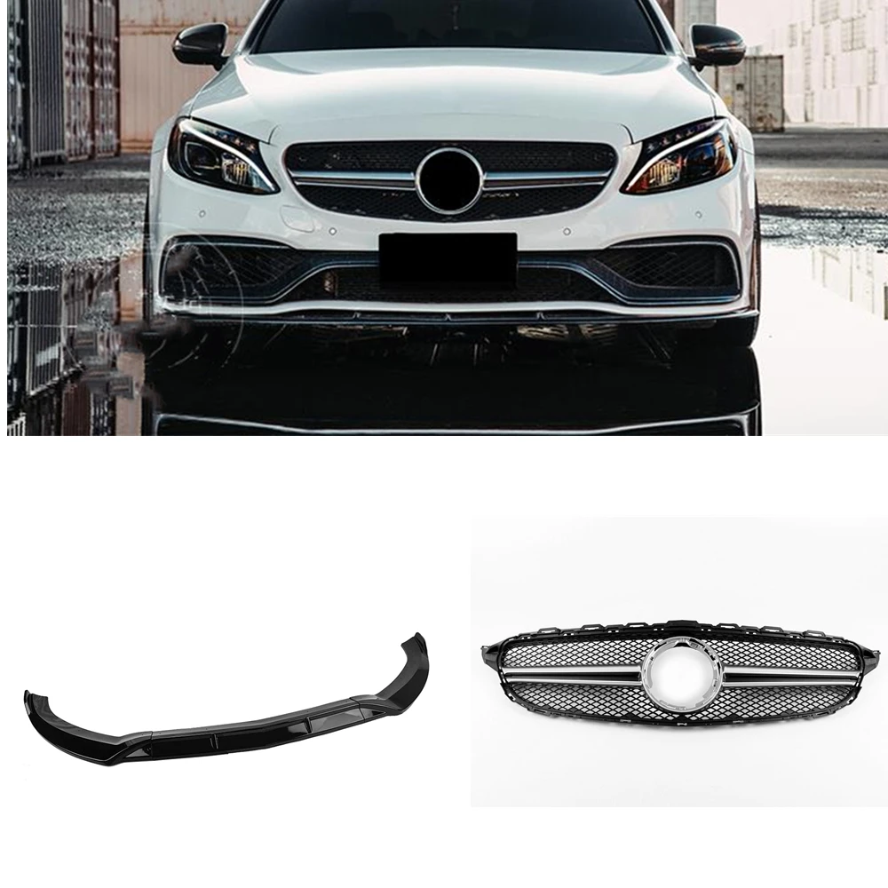 

Front Grille Grill & Gloss Black Lower Bumper Spoiler Lip Splitter For Mercedes-Benz W205 2019-2021 AMG C300 C200