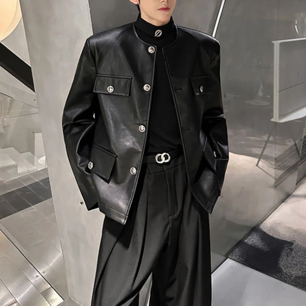 

Mens Fall Jacket Pu Leather Splicing Padded Shoulder Streetwear Fashion Outdoor Y2k Nightclub Versatile Top Men'S Clothing 2025