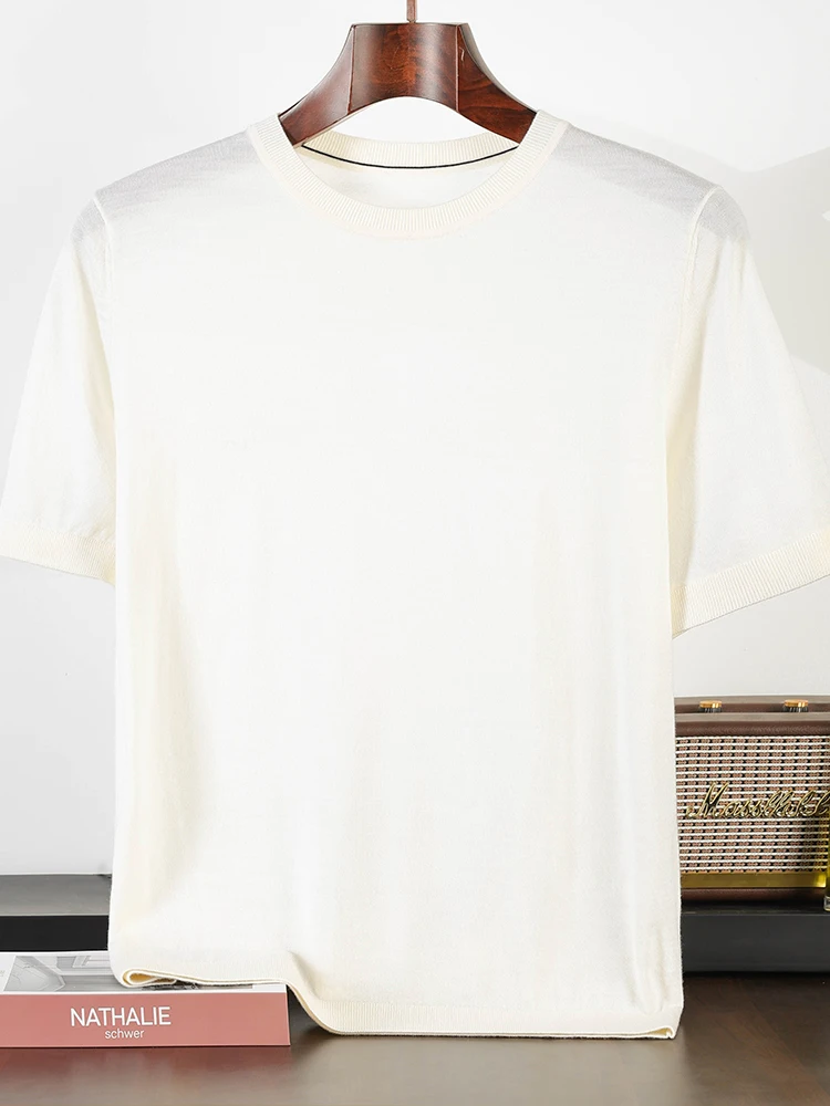 

Basic 100% Worsted Merino Wool Men T-Shirts Summer Solid Knitted Pullover Short Sleeve Thin Clothing Tops Smart Casual Soft Tees