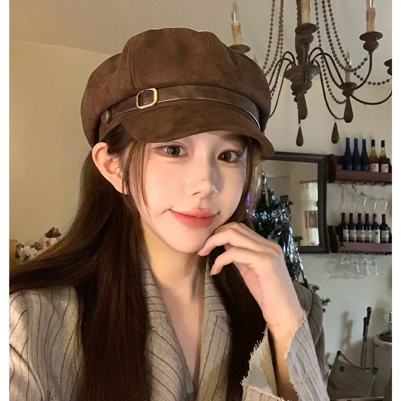 Retro Leather Like Fabric Octagonal Hat Female Korean Atmospheric beret Wide Brimmed leather Winter and Spring New Collection