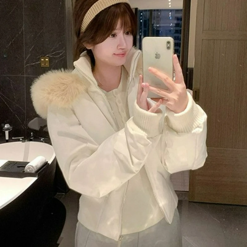 

2026 зима, новый стиль, девичьи теплые пальто с капюшоном на хлопковой подкладке, топ, корейская куртка с меховым воротником и завязкой на талии для женщин
