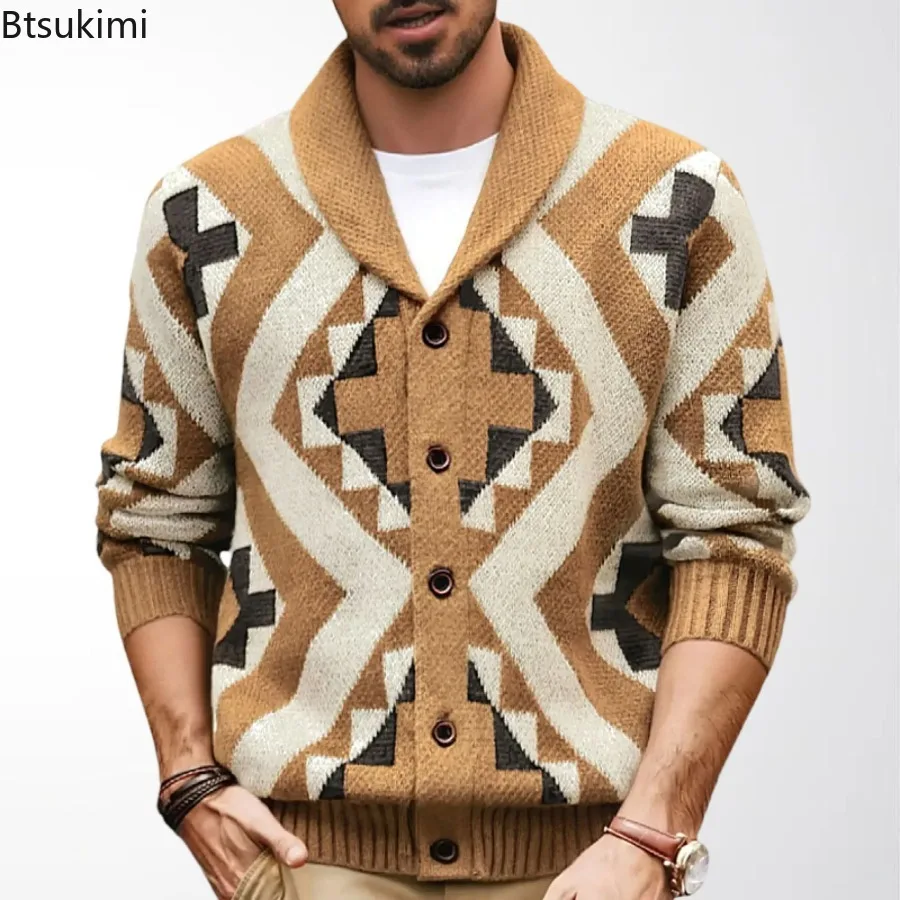 

Autumn Winter Men's Clothing Vintage Casual Knitted Cardigans Single Breasted Thicked Warm Sweater Coats Jacquard Knit Jackets