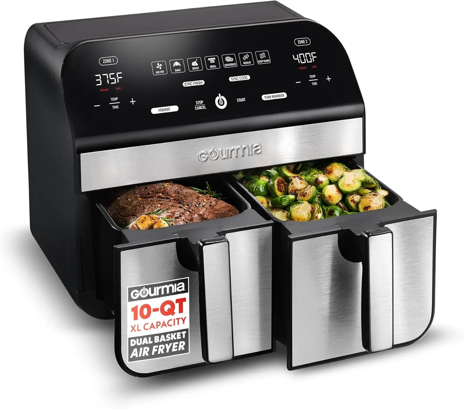 10 Qt Dual Basket Air Fryer, 7 Presets, Digital Display, Dishwasher Safe