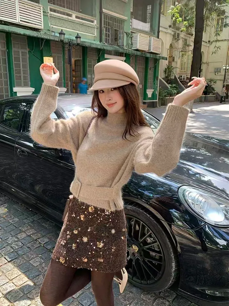 

Ele High Collar Rabbit Fur Knitted Sweater Women's Soft Lazy High-End Feeling irt with Belt Autumn Winter New Arrival