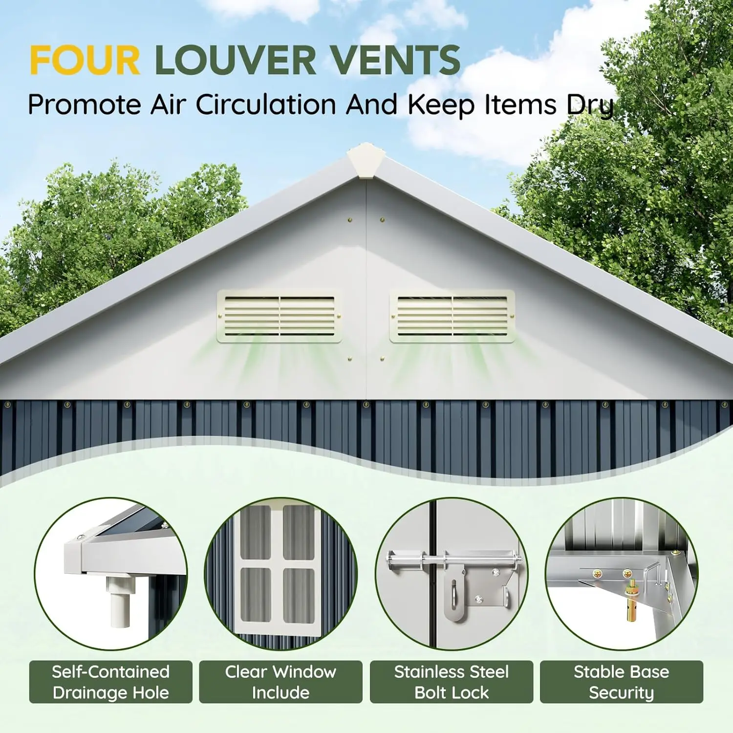 نافذة شفافة لسقيفة فولاذية خارجية مقاس 6X8FT، أبواب قابلة للقفل، سقيفة أدوات معدنية مقاومة للطقس للحديقة والفناء الخلفي وتخزين الفناء.