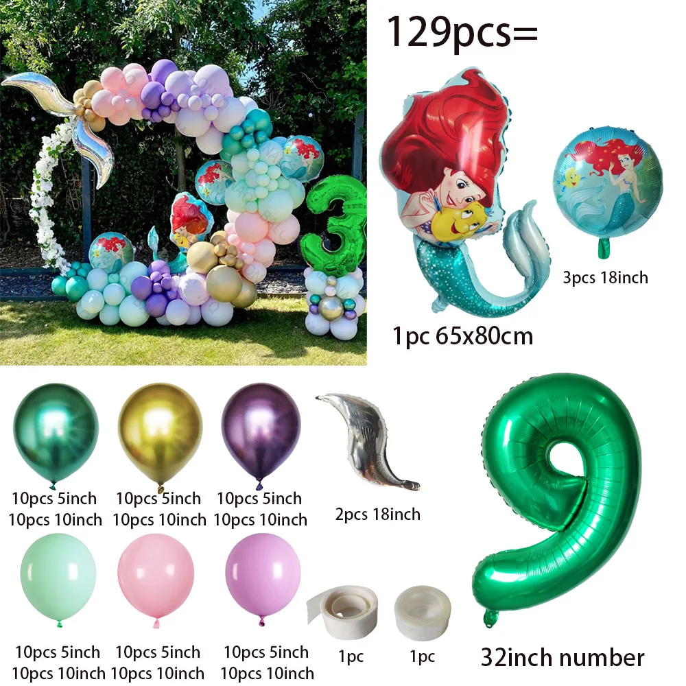 129Pcs Green Mermaid Theme Shell Balloon Arch Kids Girl Birthday Decoration Baby Shower Under The Sea Mermaid Wedding Supplies