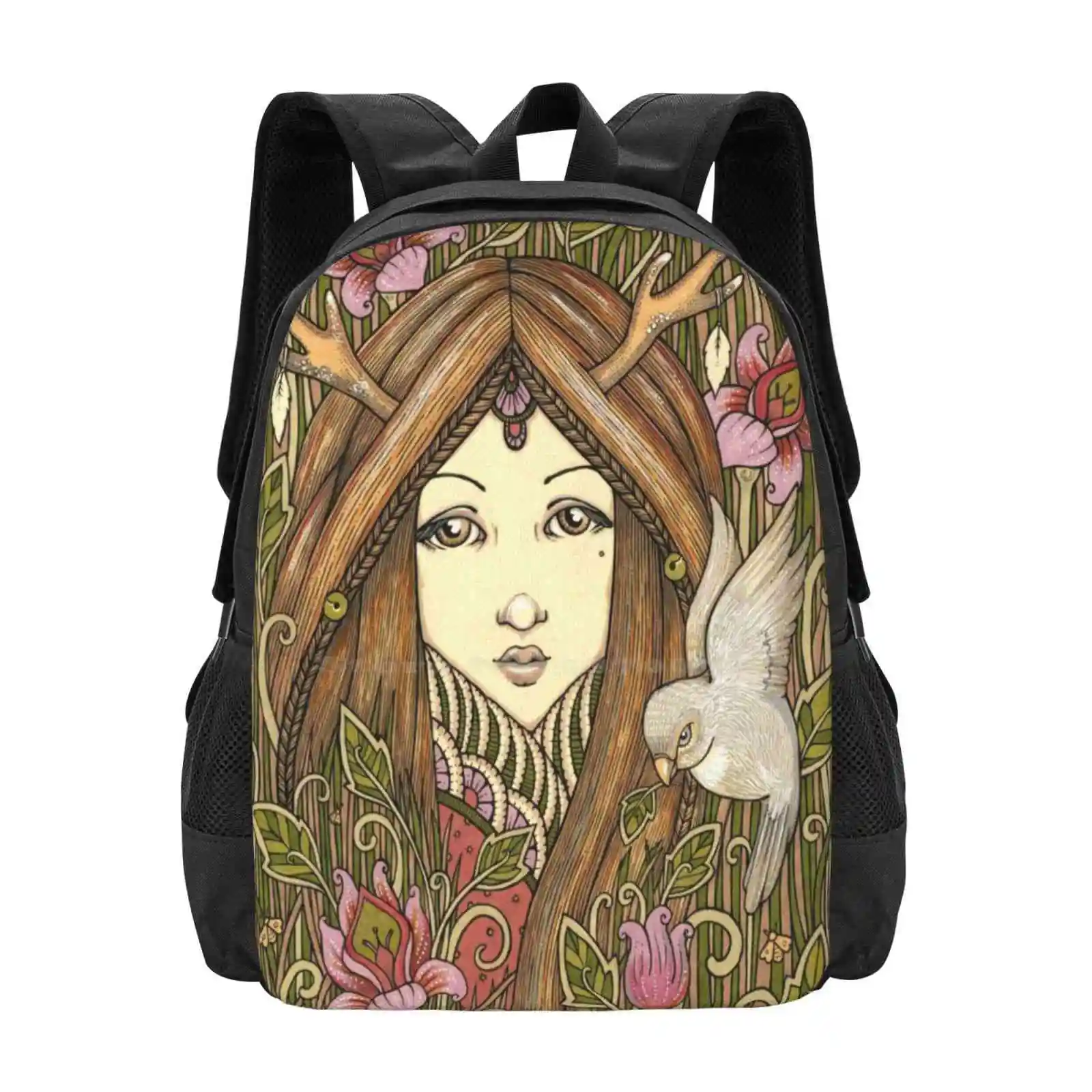 Natures Child Hot Sale Schoolbag Backpack Fashion Bags Girl Nature Child Fawn Antlers Bird Florals Ink Anita Inverarity