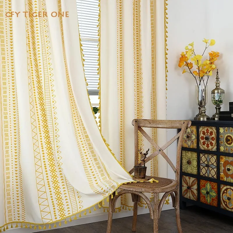 

Cotton Geometry with yellow Tassels Thick Window Curtain Blackout Valance for The Luxury Living Room Curtains for Living Room