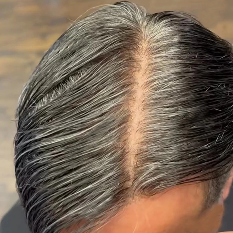 Super Natural Hairline 0.04mm Ultra Thin Skin 100Density Undetectable Double Knots Men Toupee 1A20 520# Black Grey Human Hair Pr