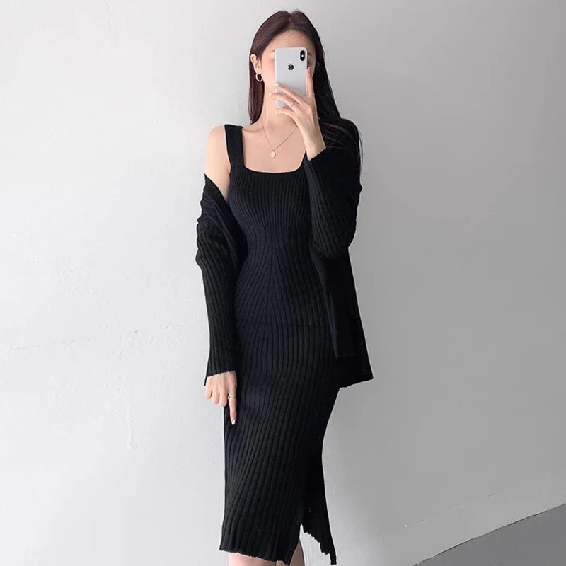 Korejpaa Korean Fashion Dress Set Autumn Winter Clothes Temperament Pit Stripe Slit Knitted Vest Dress+cardigan Sweater Jacket