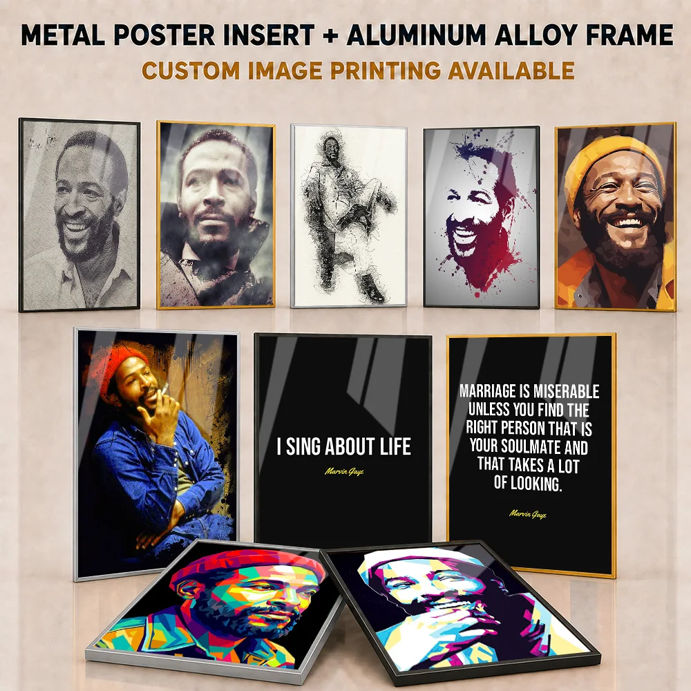 Marvin Gaye Framed Aluminum Metal Poster Customized Photo Classic Soul Vocalist Style Wall Art For Living Room Collector Gift