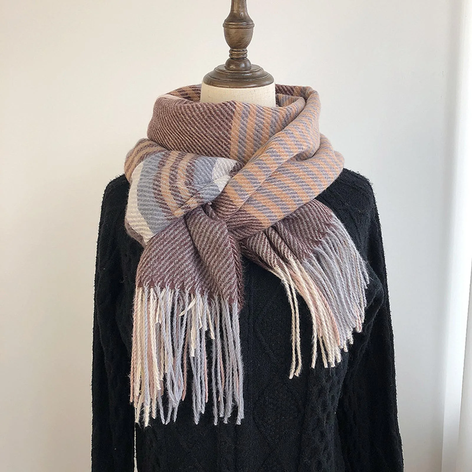 2024 New plaid Fashion Cashmere Scarf Warm Winter for Women Korean Style Knitted Solid Color Double Sided Wraps Neckerchief